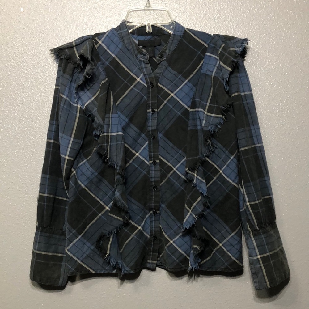 Maison Cinqcent SMALL plaid ruffle top 938 long sleeve western button up shirt